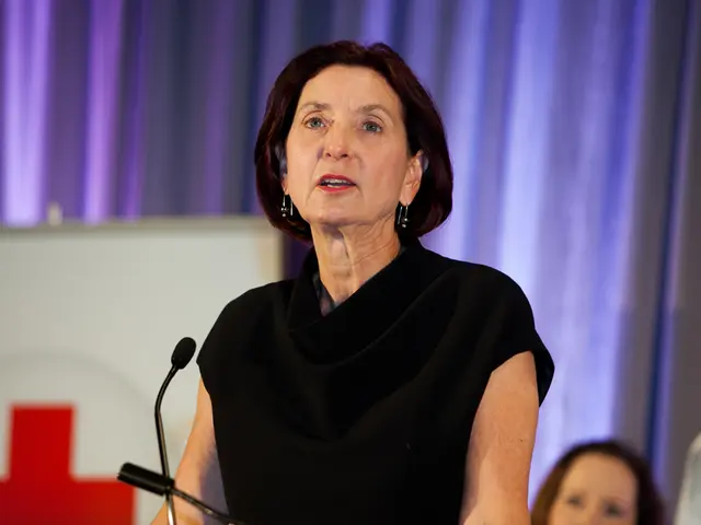 In the picture we can see a woman standing near the microphone and giving a speech, she is wearing...