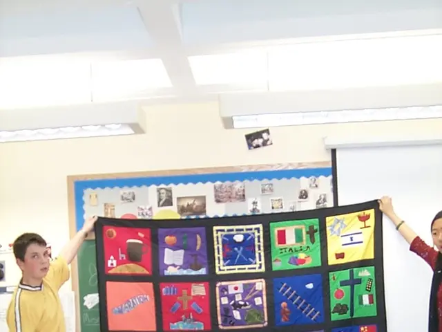 This is a picture from a classroom. In the center of the picture there is a mat. On the left there...