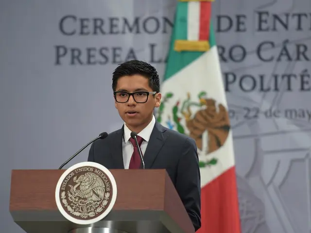 In this picture we can see a boy is standing behind the podium and on the podium there are...