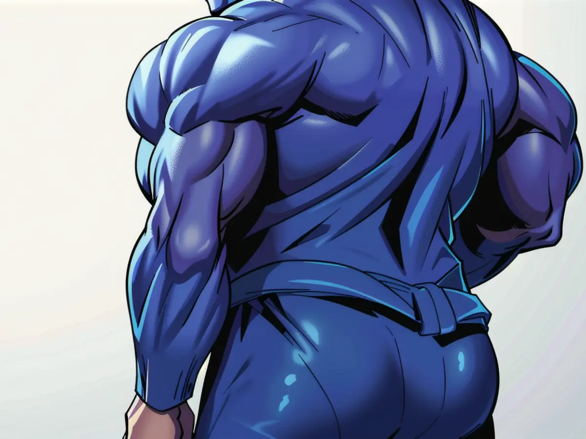 Individual involved in unlawful activity caught, identity revealed: John Doe Individual clad in a blue hoodie, with its hood drawn, and baggy pants, standing casually but with back turned in the scene.